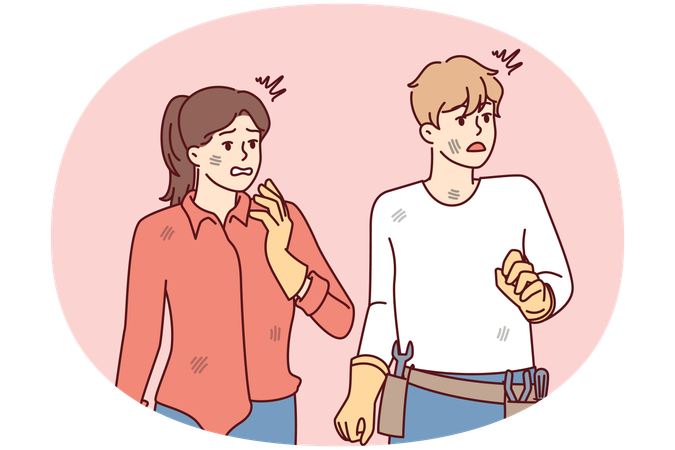 Verängstigter Mann mit Reparaturwerkzeugen und Frau in schmutziger Kleidung, die entmutigt wegschaut  Illustration