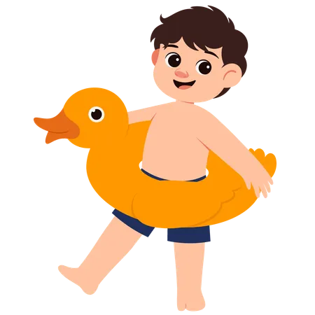 Niño De Verano Con Anillo Inflable De Pato  Ilustración