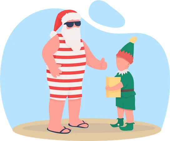 Papá Noel de verano con elfo  Ilustración