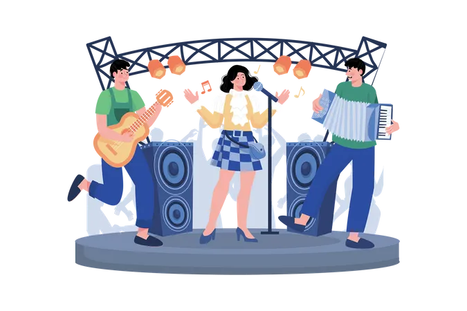 Veranstalter von Musikfestivals planen Unterhaltung und Aktivitäten für Festivalbesucher  Illustration