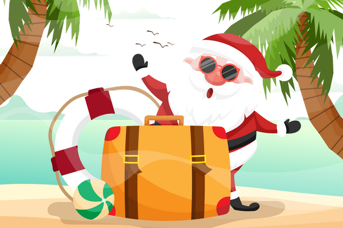Papai Noel de verão com bagagem e anel de natação ele descansa na praia oceano tropical  Ilustração
