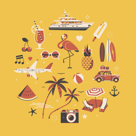 Verão quente com itens decorativos temáticos de férias, viagens e lazer  Ilustração