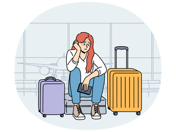 Verärgerte Frau am Flughafen sitzt neben Gepäck und wartet auf Flugzeug, das wegen schlechten Wetters Verspätung hat  Illustration