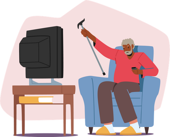 Verärgerter älterer Mann beim Fernsehen, winkt mit Stock  Illustration