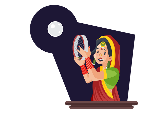 Verheiratete indische Frau schaut mit Sieb auf den Mond  Illustration