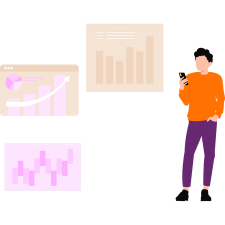 L'employé vérifie les données de l'entreprise depuis son téléphone  Illustration