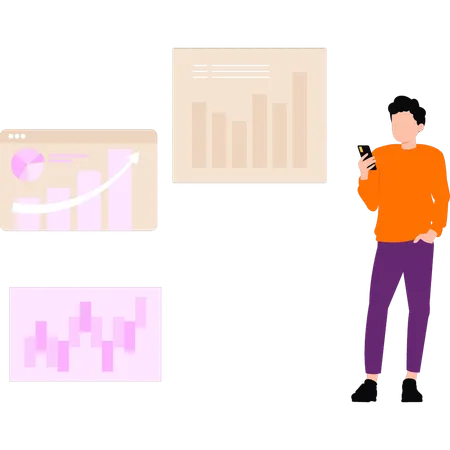 L'employé vérifie les données de l'entreprise depuis son téléphone  Illustration