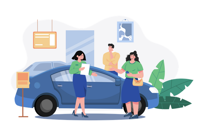 Verkäufer zeigt einem potenziellen Kunden im Autohaus das Fahrzeug  Illustration