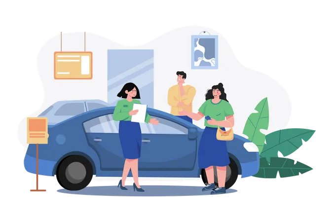 Verkäufer zeigt einem potenziellen Kunden im Autohaus das Fahrzeug  Illustration