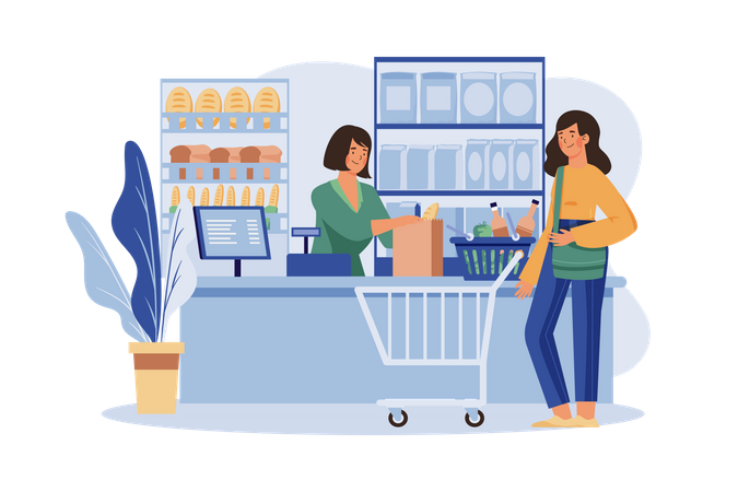 Verkäuferin reicht Kundin im Lebensmittelgeschäft Einkaufstüte  Illustration