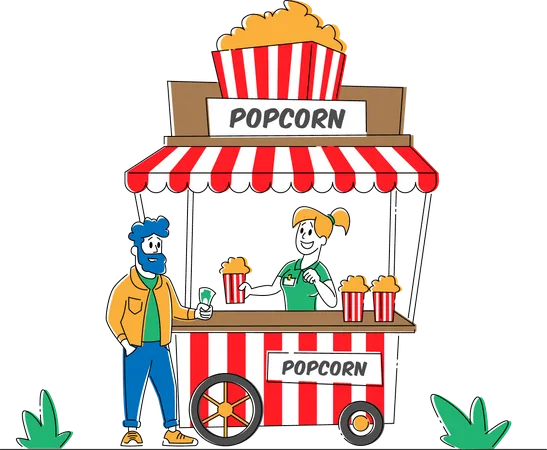 Verkäuferin verkauft Popcorn in Stand auf der Straße an jungen Kunden  Illustration