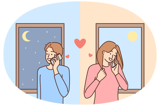 Verliebter Mann und verliebte Frau flirten während einer Reise in verschiedenen Ländern am Telefon  Illustration