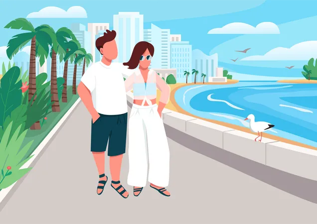 Verliebtes Paar spaziert entlang der Strandpromenade  Illustration