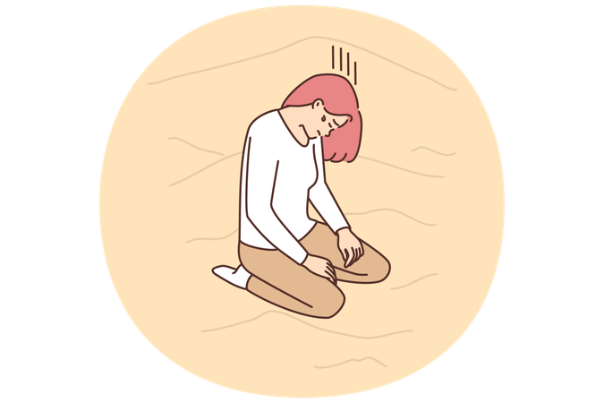 Verlorene Frau kniet mit gesenktem Kopf auf Sanddünen in der Wildnis und leidet unter Durst. Vektorbild  Illustration