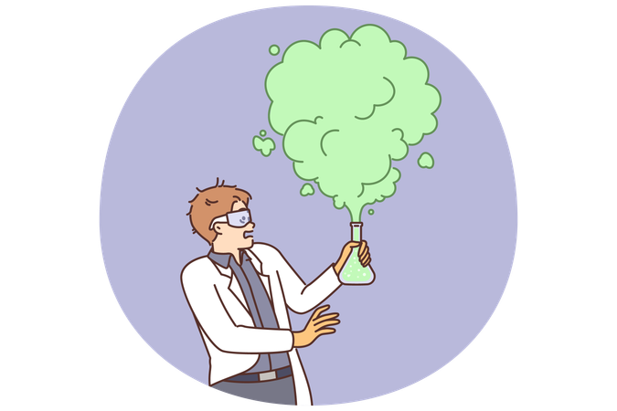 Verrückter Chemiewissenschaftler führt gefährliches Chemieexperiment mit Reagenzien durch und scheitert  Illustration