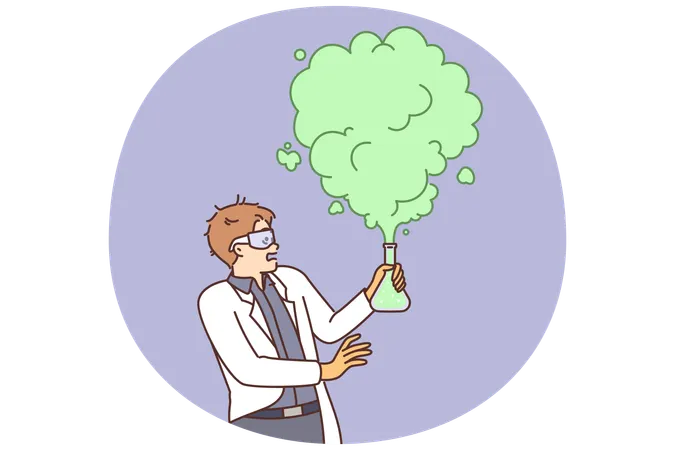 Verrückter Chemiewissenschaftler führt gefährliches Chemieexperiment mit Reagenzien durch und scheitert  Illustration