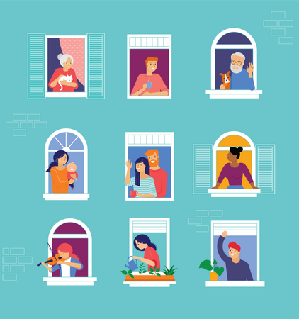 Verschiedene Arten von Menschen achten während der Ausgangssperre auf ihre Nachbarn und kommunizieren mit ihnen  Illustration