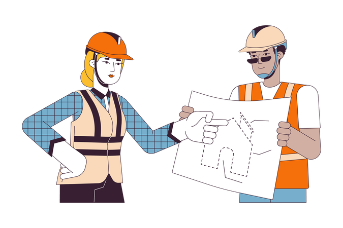 Verschiedene Auftragnehmer diskutieren Baupläne  Illustration