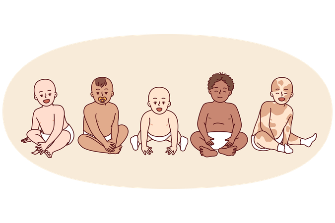 Verschiedene Babys in Windeln verschiedener Rassen und Nationalitäten sitzen nebeneinander  Illustration