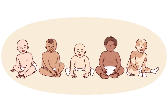 Verschiedene Babys in Windeln verschiedener Rassen und Nationalitäten sitzen nebeneinander  Illustration