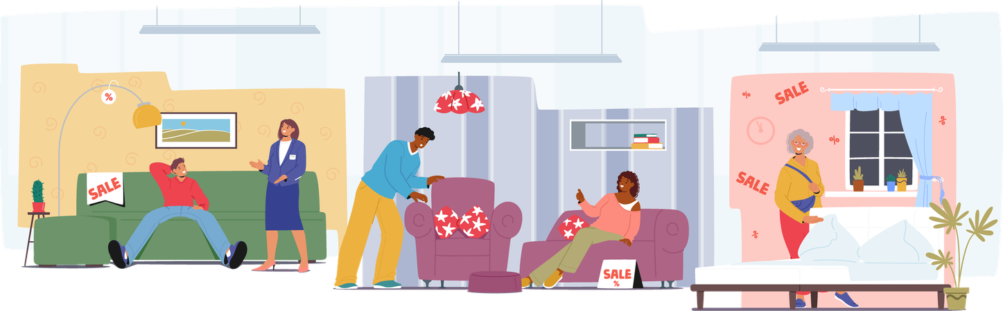 Unterschiedliche Menschen, Kunden, männlich und weiblich, beim Möbelhausverkauf  Illustration