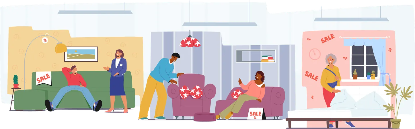 Unterschiedliche Menschen, Kunden, männlich und weiblich, beim Möbelhausverkauf  Illustration