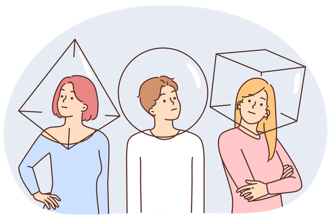 Verschiedene Menschen mit Köpfen in geometrischen Figuren  Illustration