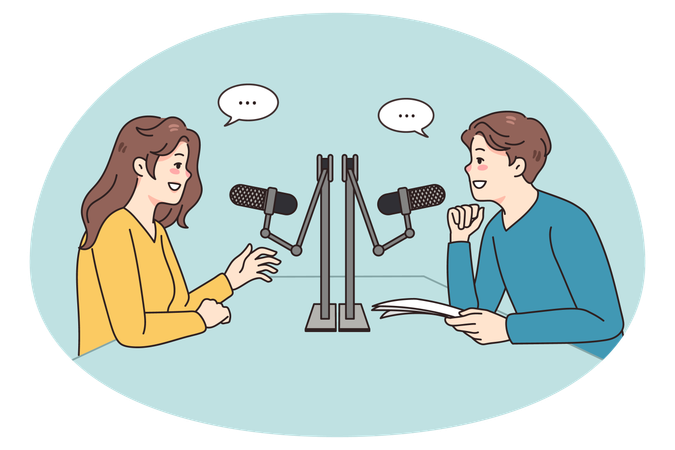 Verschiedene Menschen sprechen in Mikrofone beim Radio  Illustration