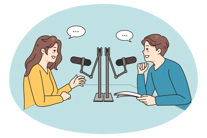 Verschiedene Menschen sprechen in Mikrofone beim Radio  Illustration