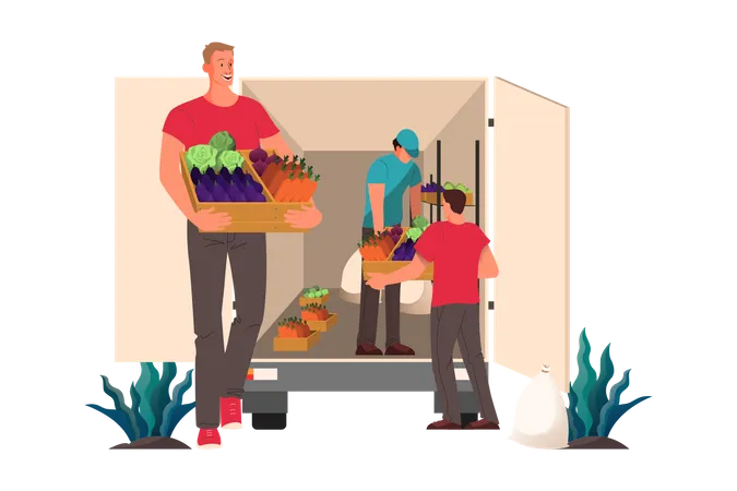 Verteilung von frischem Gemüse und Lebensmitteln an Restaurants und Cafés.  Illustration