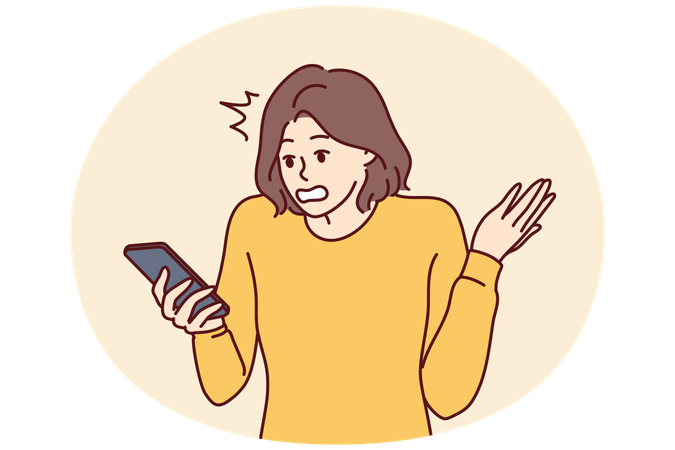 Verwirrte Frau hält Telefon und liest unangenehme SMS von der Bank und winkt mit der Hand  Illustration