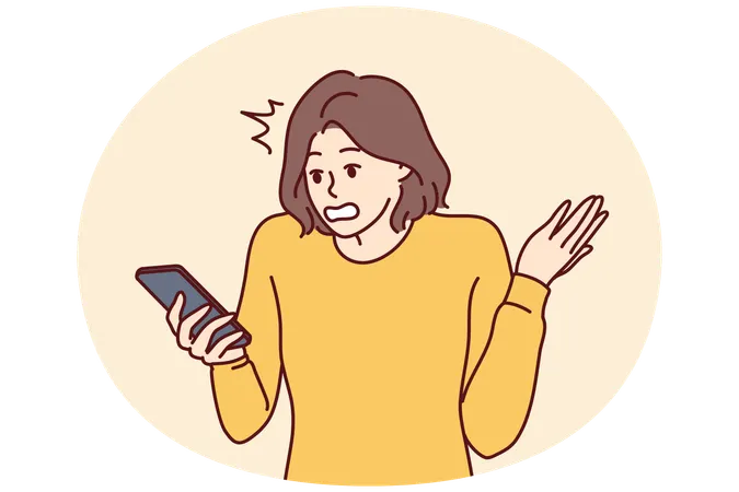 Verwirrte Frau hält Telefon und liest unangenehme SMS von der Bank und winkt mit der Hand  Illustration