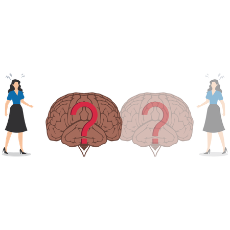 Verwirrte Geschäftsfrau Blick auf Fragezeichen in seinem Gehirn  Illustration