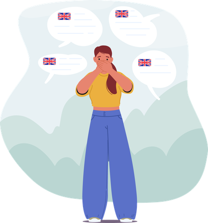 Verwirrte junge Frau, die Probleme mit dem Verständnis von Englisch hat und eine starke Sprachbarriere spürt  Illustration