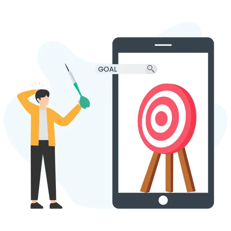 Verwirrter Geschäftsmann hält Dartpfeil und denkt über das Erreichen eines Ziels auf dem Handy-Bildschirm nach  Illustration