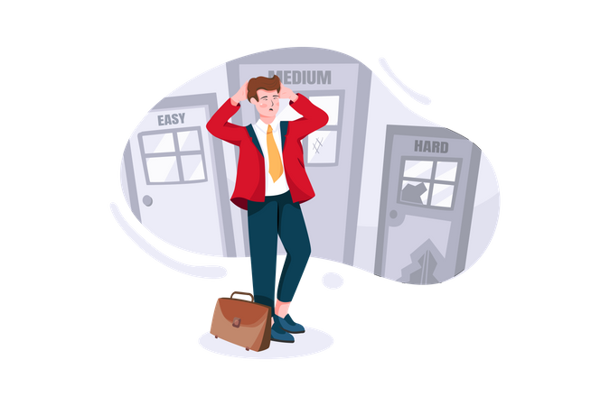 Verwirrter Geschäftsmann mit Entscheidungssituation  Illustration