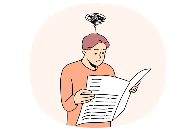 Verwirrter Mann zweifelt an Falschinformationen in Zeitung  Illustration