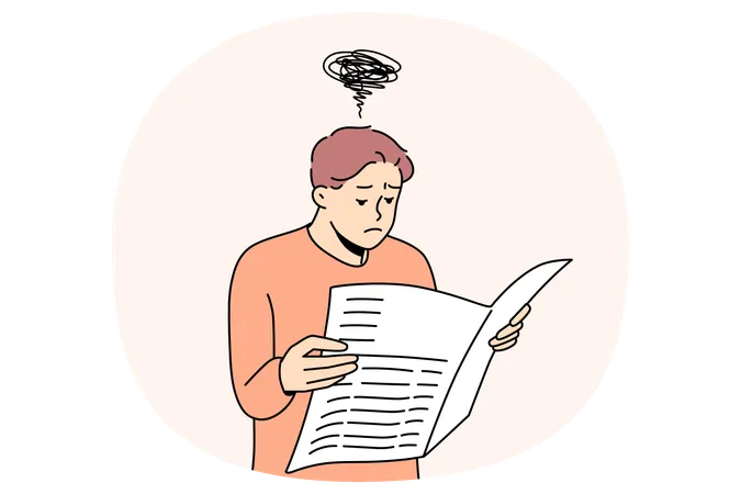 Verwirrter Mann zweifelt an Falschinformationen in Zeitung  Illustration