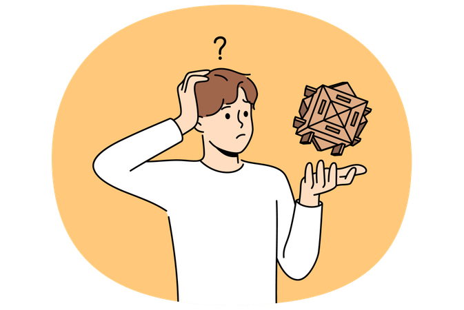 Verwirrter Mann mit Holzpuzzle kratzt sich am Kopf  Illustration
