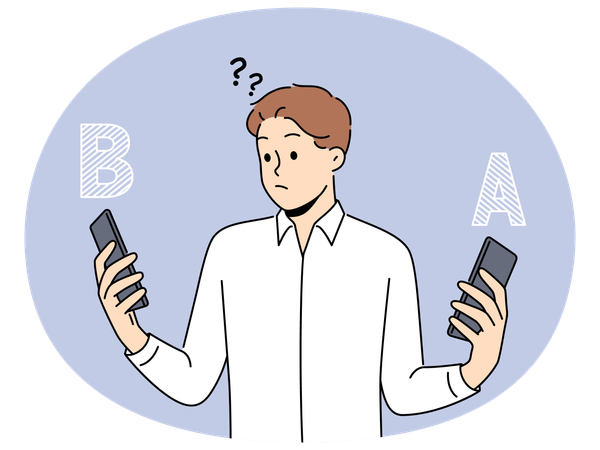 Verwirrter Mann vergleicht verschiedene Smartphones  Illustration