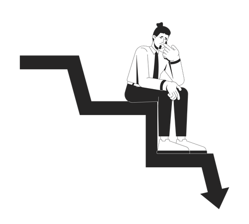 Verzweifelter Geschäftsmann sitzt auf sinkendem Pfeildiagramm  Illustration