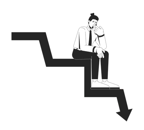 Verzweifelter Geschäftsmann sitzt auf sinkendem Pfeildiagramm  Illustration