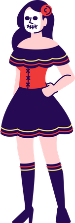 Vestida con traje tradicional de celebración del Día de los Muertos  Ilustración