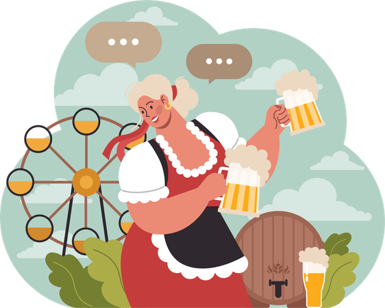 Vestida de traje bávaro sosteniendo un vaso de cerveza  Ilustración