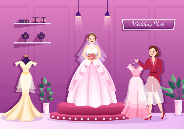 Vestido de noiva tentando em loja de casamento  Ilustração