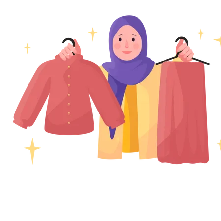 Mulher muçulmana escolhendo vestido  Ilustração