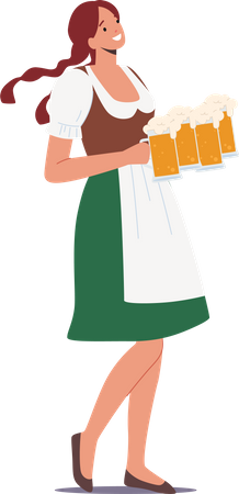 Feminino usa vestido tradicional segurando cerveja  Ilustração