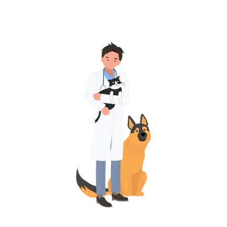Full Length Of Male Veterinarian Hugging Cat Profession Veterinarian Man Vet Holds A Cat Flat Vector Cartoon Illustration Illustration