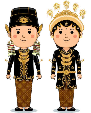 Un couple porte un tissu traditionnel Kanigaran Central Java  Illustration