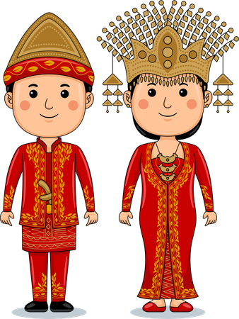 Un couple porte des vêtements traditionnels de Palembang, dans le sud de Sumatra  Illustration